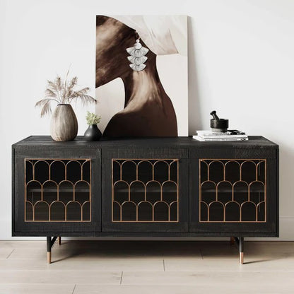 Deco Style Black Acacia Wood Buffet Sideboard 65 inch