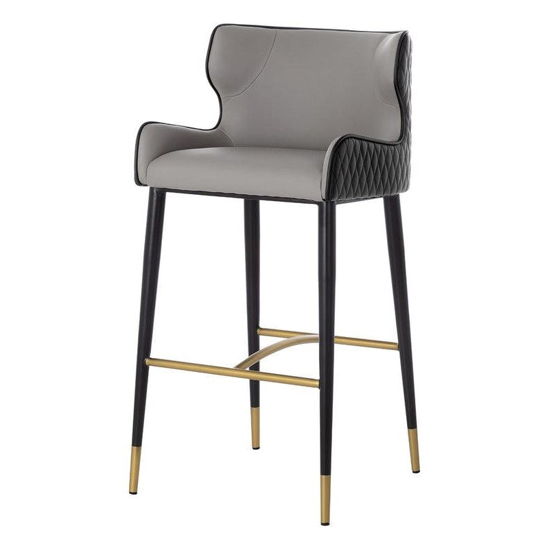 Diamond Quilted Black & Grey Faux Leather Bar Stool Gold Accents