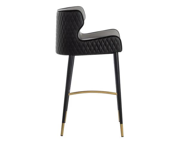 Diamond Quilted Black & Grey Faux Leather Bar Stool Gold Accents