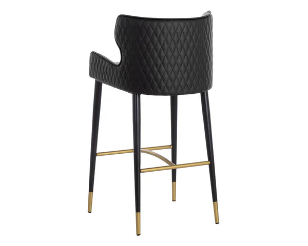 Diamond Quilted Black & Grey Faux Leather Bar Stool Gold Accents