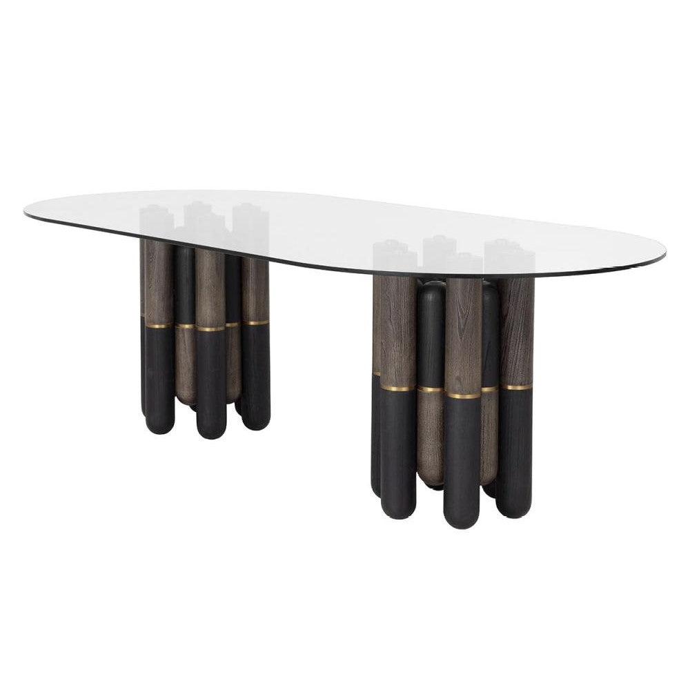 Double Pedestal Glass Top Oval Dining Table Dark Brown Brass Accents 94 inch