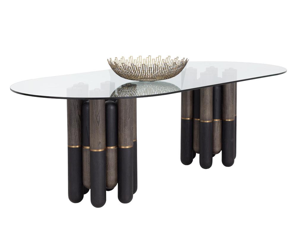 Double Pedestal Glass Top Oval Dining Table Dark Brown Brass Accents 94 inch