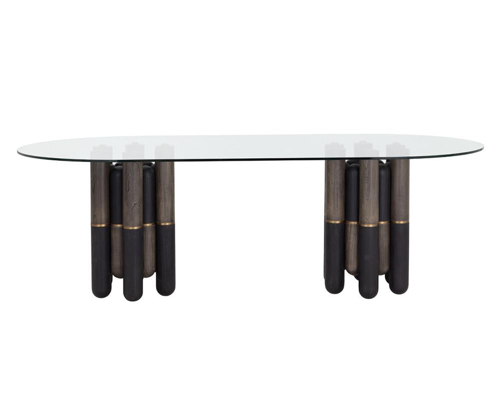 Double Pedestal Glass Top Oval Dining Table Dark Brown Brass Accents 94 inch