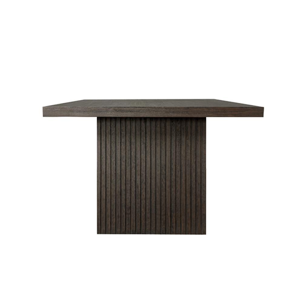 Double Pedestal Slatted Ribbed Base Rectangle Dining Table Dark Brown Espresso Oak Wood 86 inch