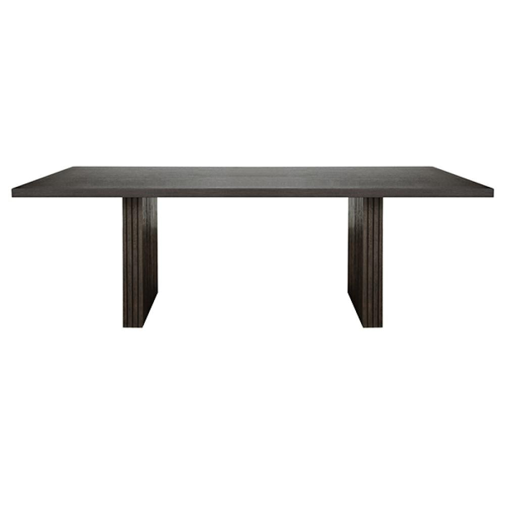 Double Pedestal Slatted Ribbed Base Rectangle Dining Table Dark Brown Espresso Oak Wood 86 inch