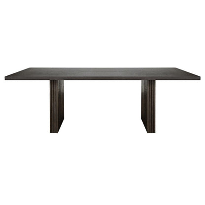 Double Pedestal Slatted Ribbed Base Rectangle Dining Table Dark Brown Espresso Oak Wood 86 inch