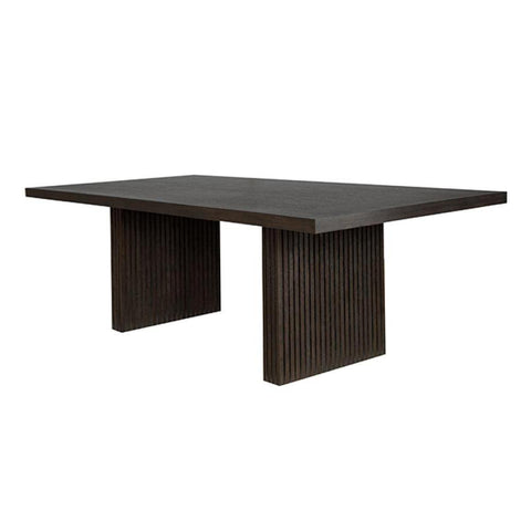 Double Pedestal Slatted Ribbed Base Rectangle Dining Table Dark Brown Espresso Oak Wood 86 inch