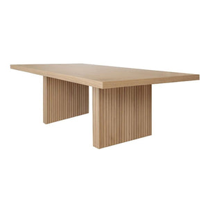 Double Pedestal Slatted Ribbed Base Rectangle Dining Table Natural Oak Wood 86 inch