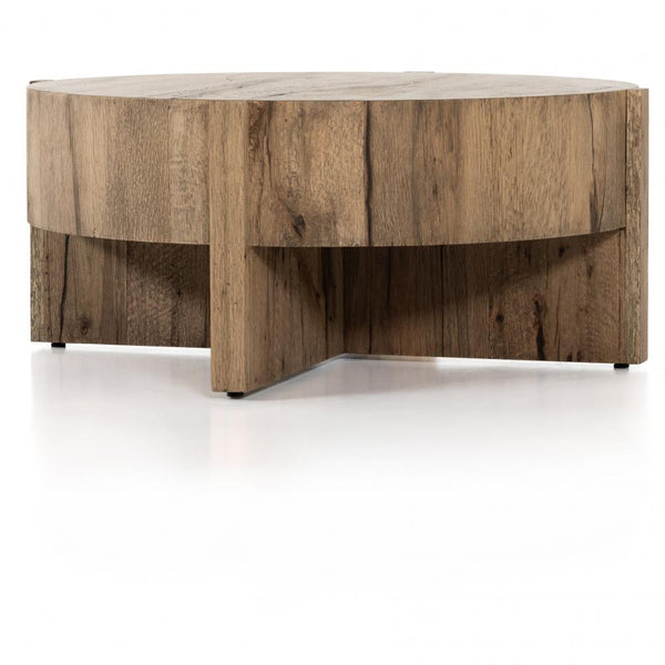 Drum Style Round Coffee Table Rustic Oak Veneer 41 inch
