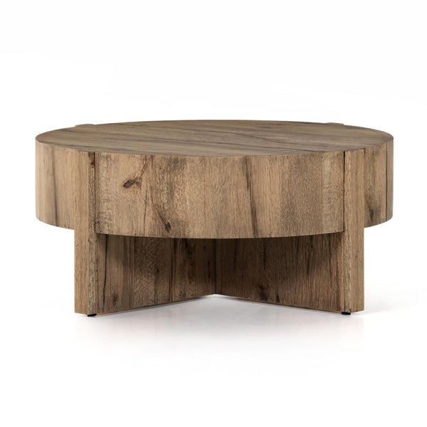 Drum Style Round Coffee Table Rustic Oak Veneer 41 inch