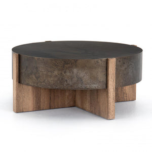 Drum Style Round Coffee Table Rustic Oak Veneer & Distressed Iron 41 inch
