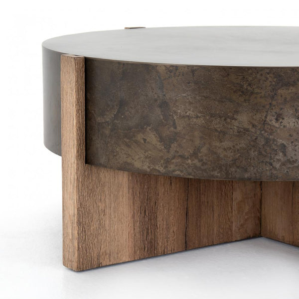 Drum Style Round Coffee Table Rustic Oak Veneer & Distressed Iron 41 inch