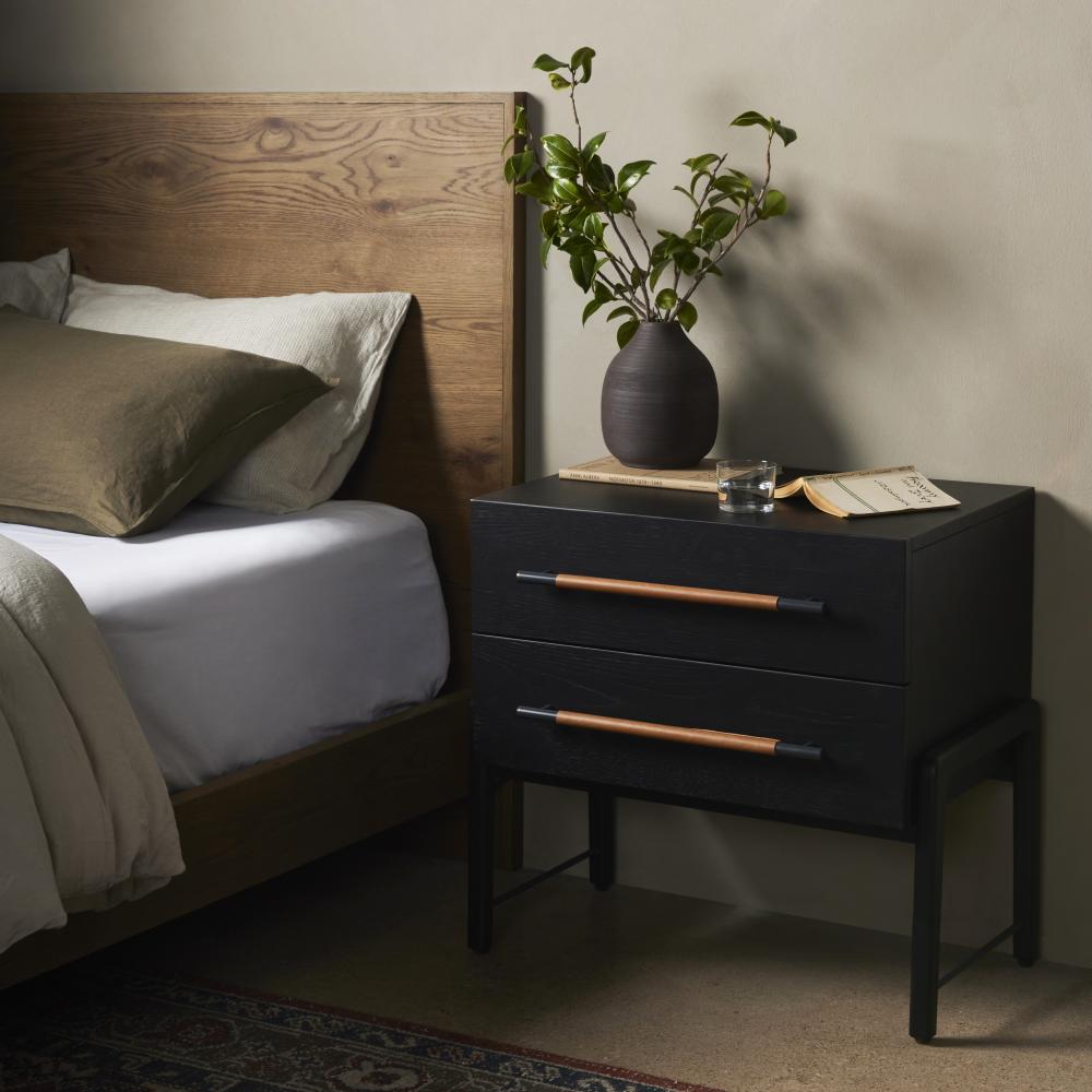 Ebony Black Oak Wood 2 Drawer Nightstand 27 inch