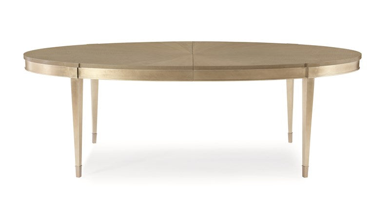 Elegant Oval Extension Dining Table Tiger Maple Wood with Taupe Silver Leaf 90 inch