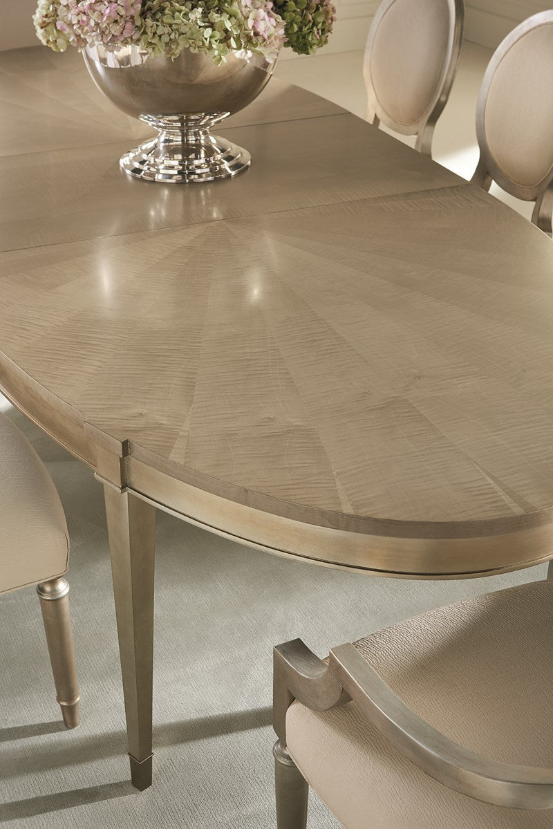 Elegant Oval Extension Dining Table Tiger Maple Wood with Taupe Silver Leaf 90 inch