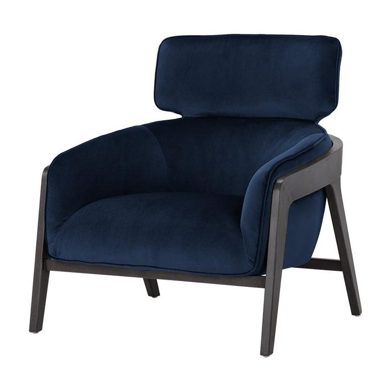 Exposed Brown Solid Birch Wood Frame Lounge Chair Blue Velvet Armchair