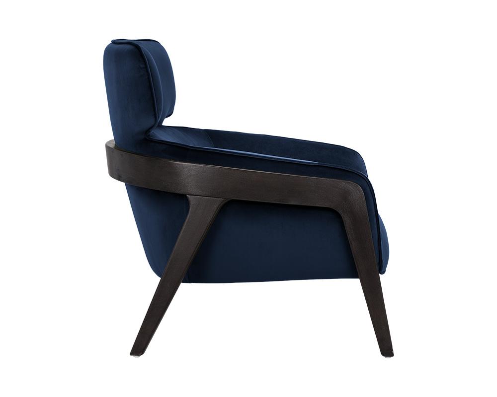 Exposed Brown Solid Birch Wood Frame Lounge Chair Blue Velvet Armchair