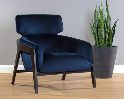 Exposed Brown Solid Birch Wood Frame Lounge Chair Blue Velvet Armchair