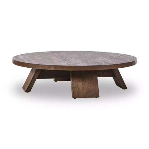 Farmhouse Round Coffee Table Resawn Oak Wood Brown 55 inch