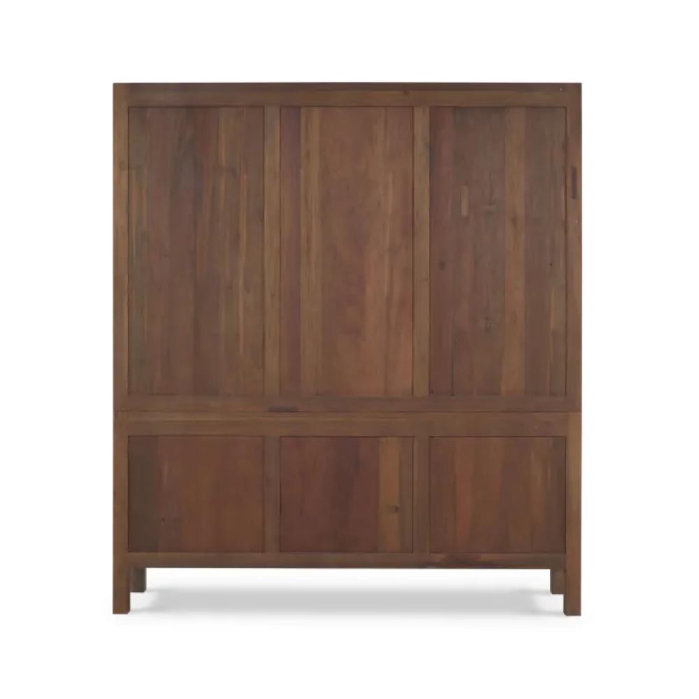 Farmhouse Teak Wood Wine Bar Cabinet Hutch Cane Doors Brown Finish 60 inch