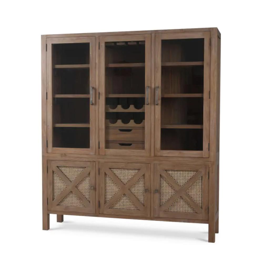 Farmhouse Teak Wood Wine Bar Cabinet Hutch Cane Doors Brown Finish 60 inch