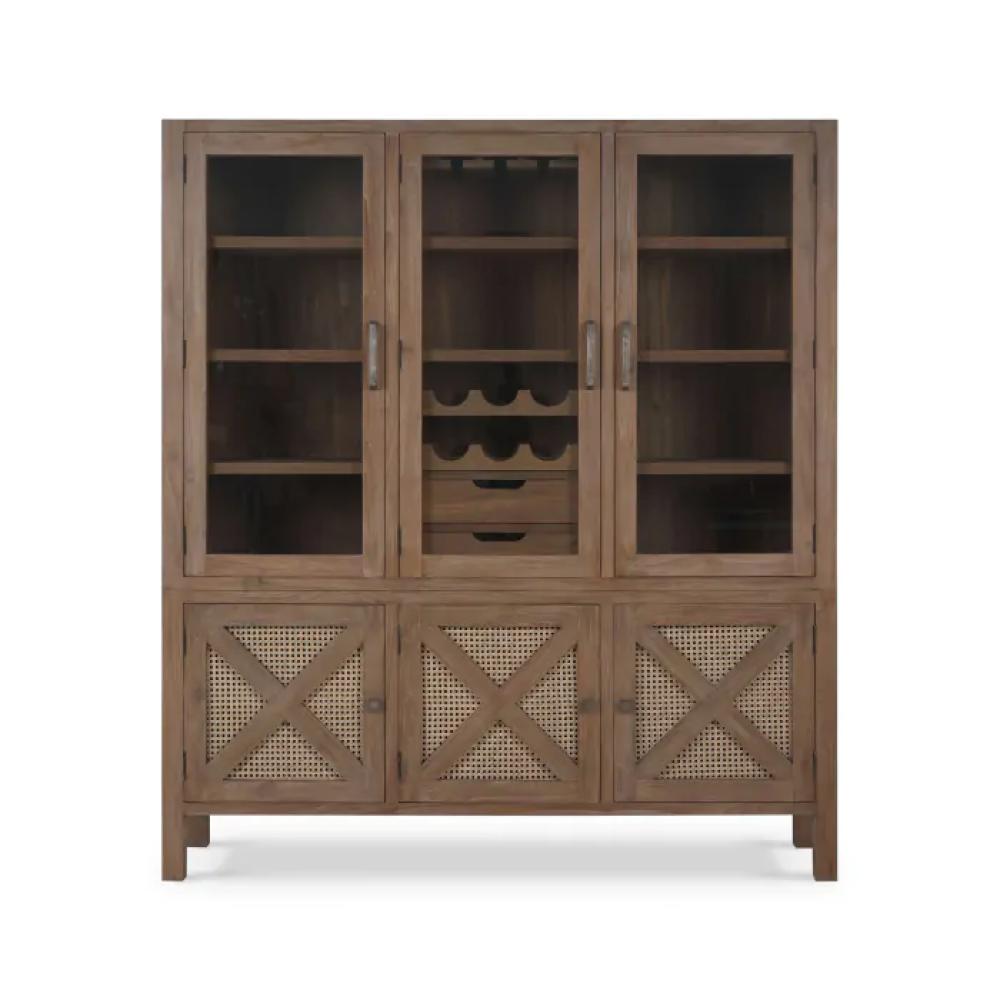 Farmhouse Teak Wood Wine Bar Cabinet Hutch Cane Doors Brown Finish 60 inch