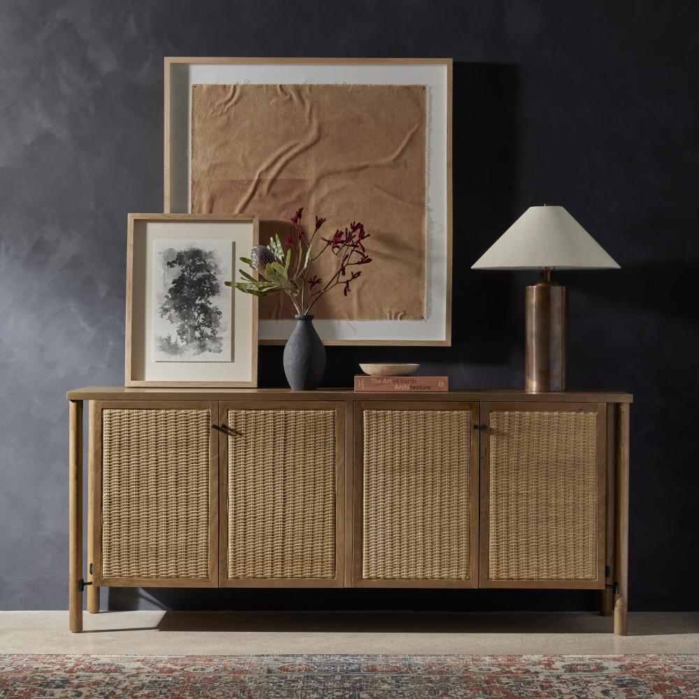 Floating Sideboard Taupe Cane & Solid Mango Wood 74 inch