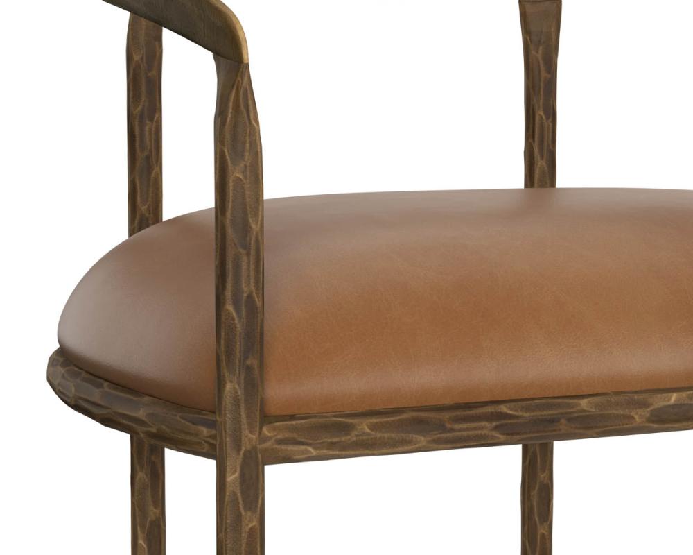 Forged Metal Curved Back Antique Brass & Tan Leather Armchair Dining Chair