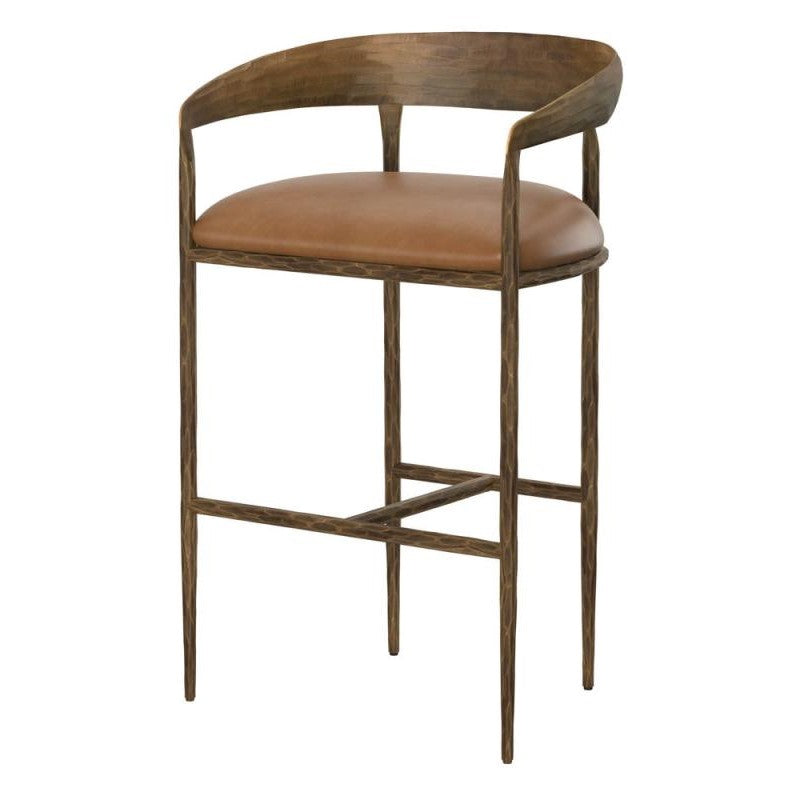 Forged Metal Curved Back Bar Stool Antique Brass & Tan Leather