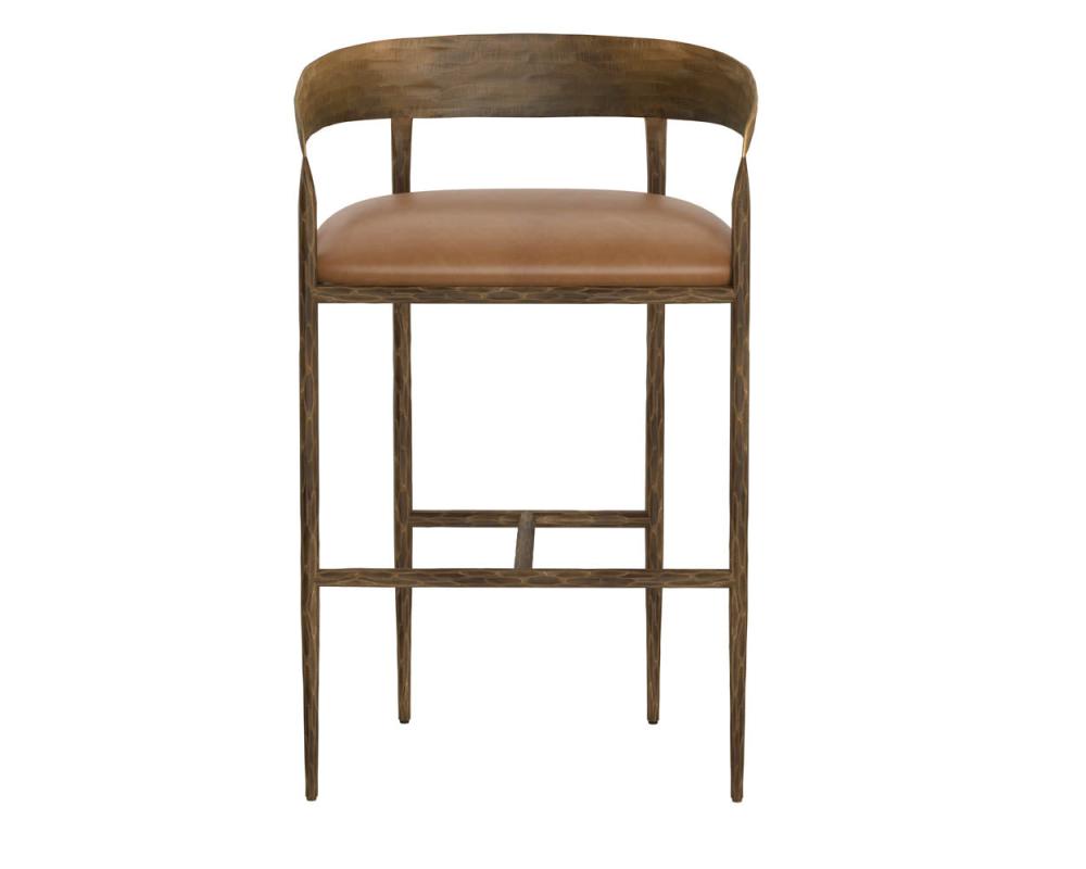 Forged Metal Curved Back Bar Stool Antique Brass & Tan Leather