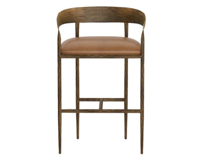 Forged Metal Curved Back Bar Stool Antique Brass & Tan Leather