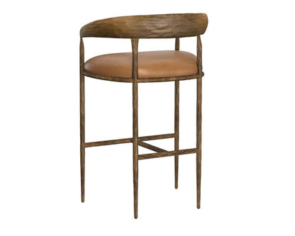 Forged Metal Curved Back Bar Stool Antique Brass & Tan Leather