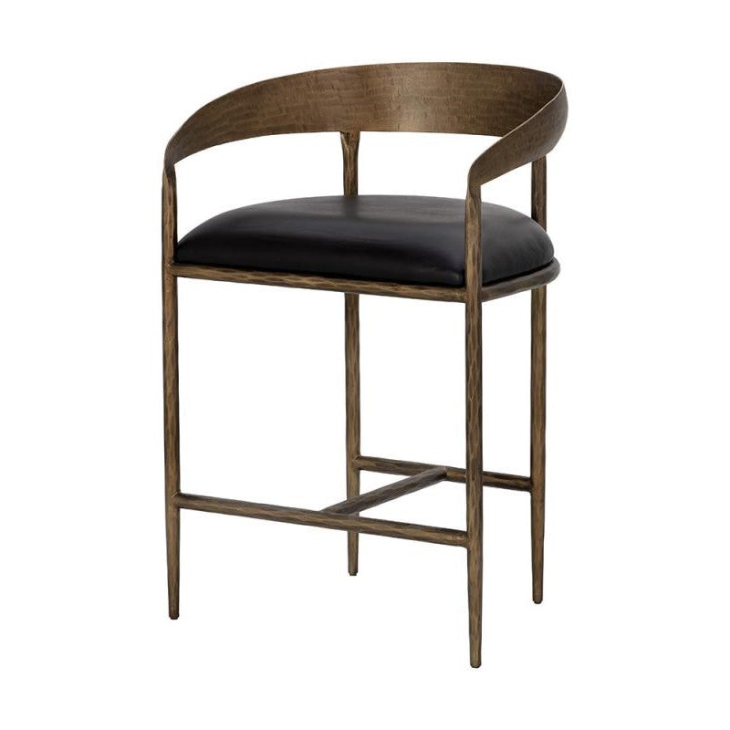 Forged Metal Curved Back Counter Height Bar Stool Antique Brass & Black Leather