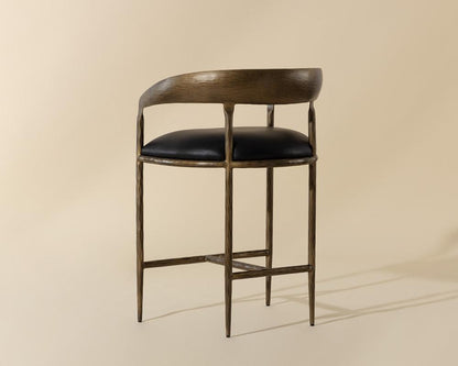 Forged Metal Curved Back Counter Height Bar Stool Antique Brass & Black Leather