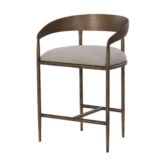 Forged Metal Curved Back Counter Height Bar Stool Antique Brass & Grey Fabric Seat