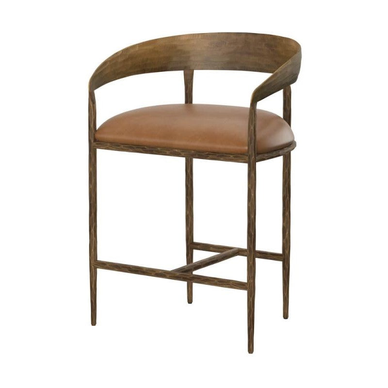 Forged Metal Curved Back Counter Height Bar Stool Antique Brass & Tan Leather