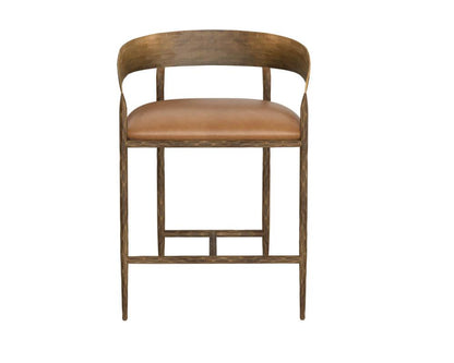 Forged Metal Curved Back Counter Height Bar Stool Antique Brass & Tan Leather