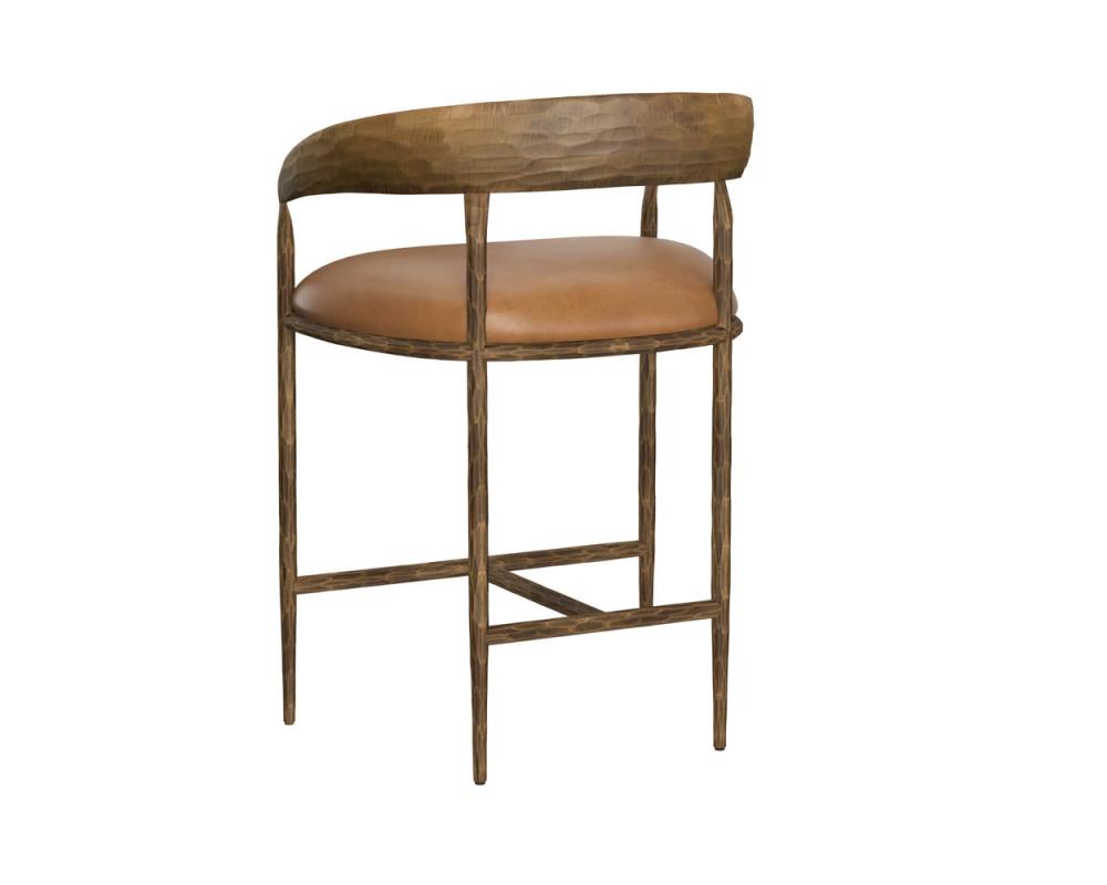 Forged Metal Curved Back Counter Height Bar Stool Antique Brass & Tan Leather