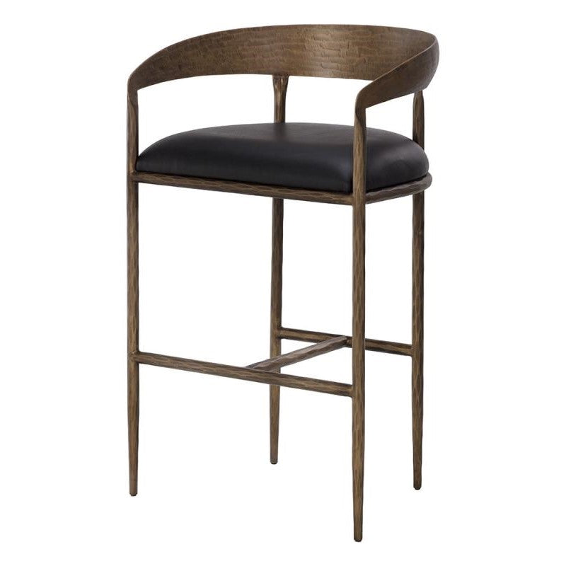 Forged Metal Curved Bar Stool Antique Brass & Black Leather