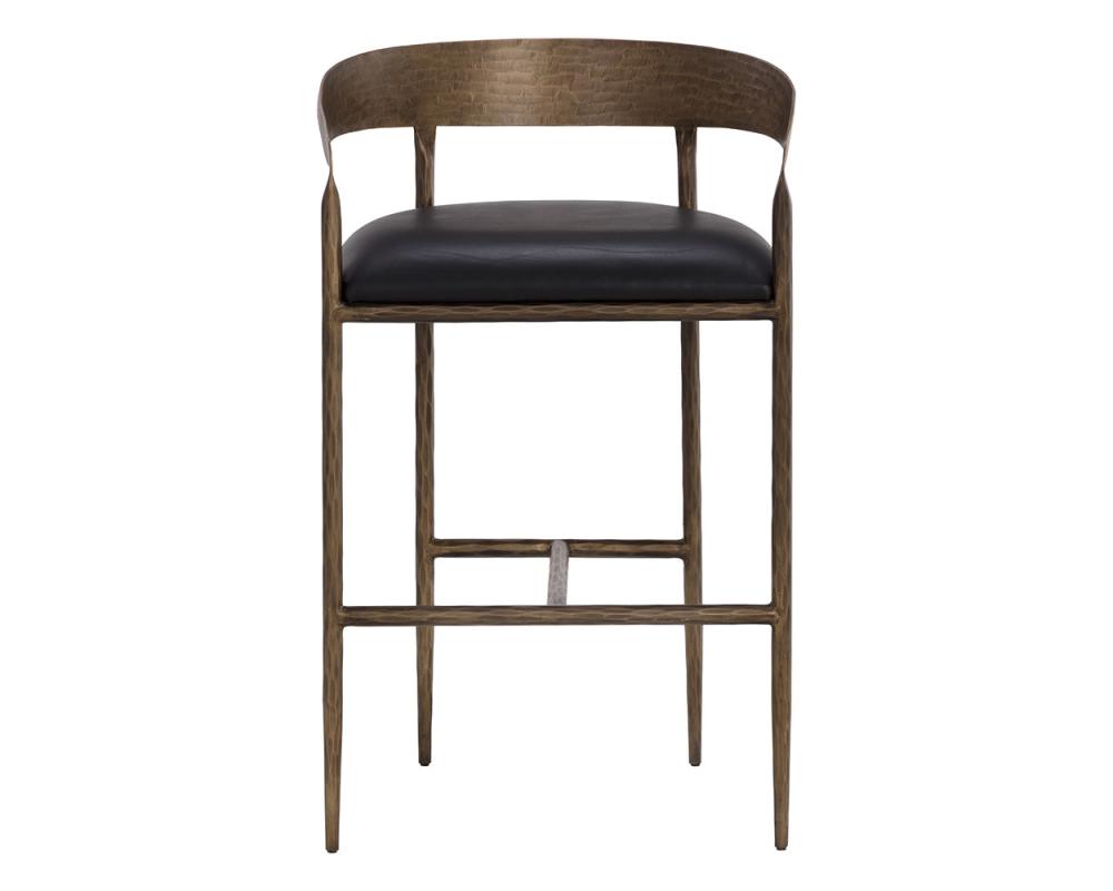 Forged Metal Curved Bar Stool Antique Brass & Black Leather