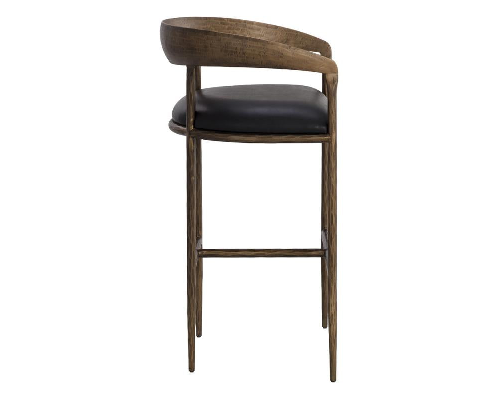 Forged Metal Curved Bar Stool Antique Brass & Black Leather