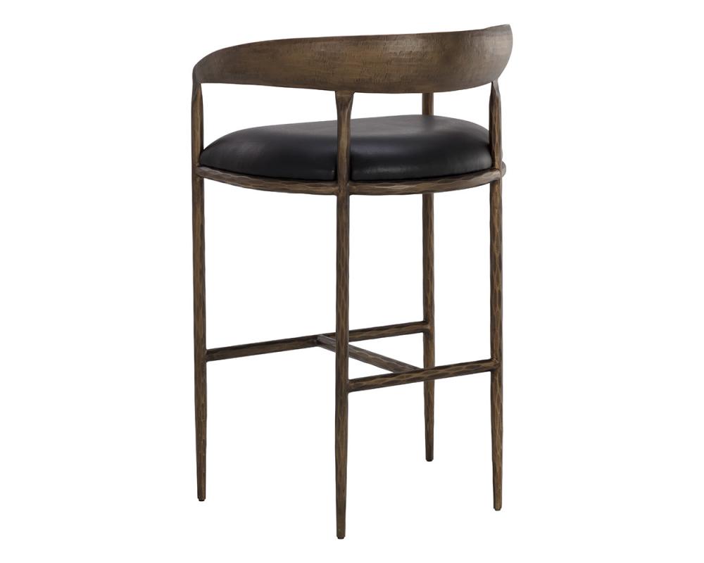 Forged Metal Curved Bar Stool Antique Brass & Black Leather