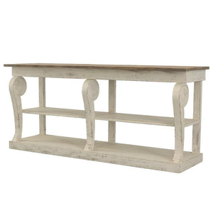 French Country Dove Gray Pine Wood Scroll Leg 3 Tier Console Table 79 inch