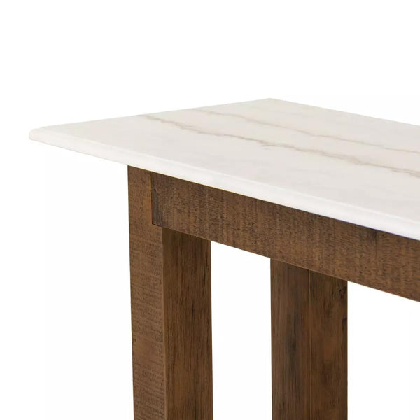 French Primitive Console Table Honed White Marble & Reclaimed Pine Wood 78 inch