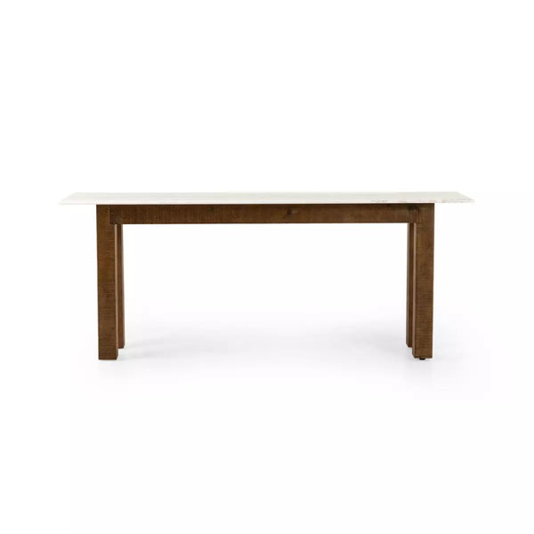 French Primitive Console Table Honed White Marble & Reclaimed Pine Wood 78 inch