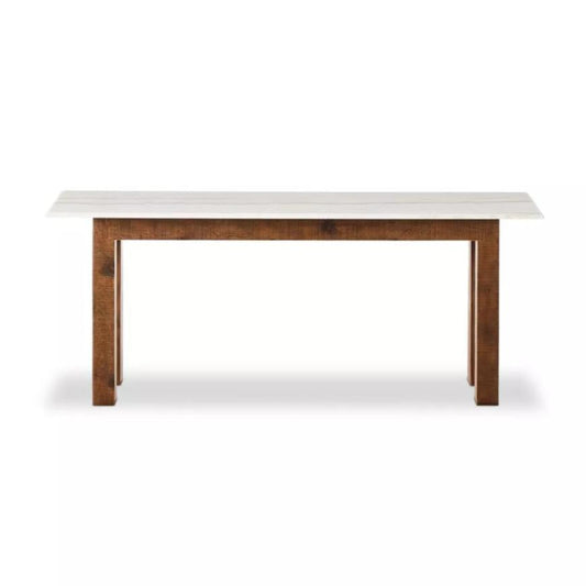 French Primitive Console Table Honed White Marble & Reclaimed Pine Wood 78 inch