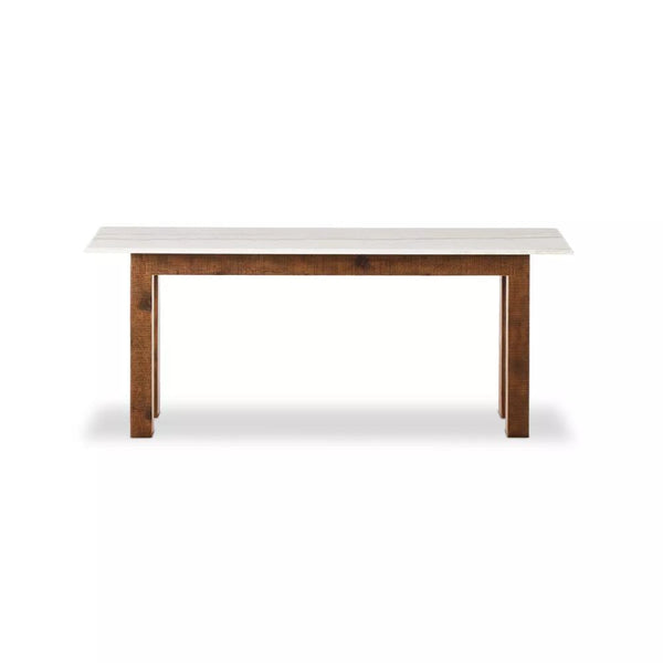 French Primitive Console Table Honed White Marble & Reclaimed Pine Wood 78 inch