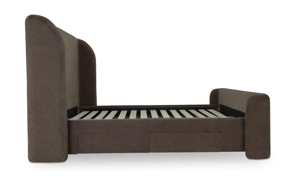 Fully Upholstered Brown Wingback Queen Bed Frame with Storage Drawers