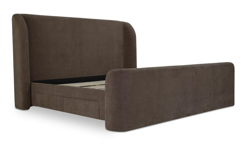 Fully Upholstered Brown Wingback Queen Bed Frame with Storage Drawers