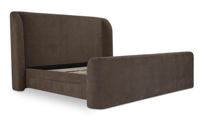 Fully Upholstered Brown Wingback Queen Bed Frame with Storage Drawers